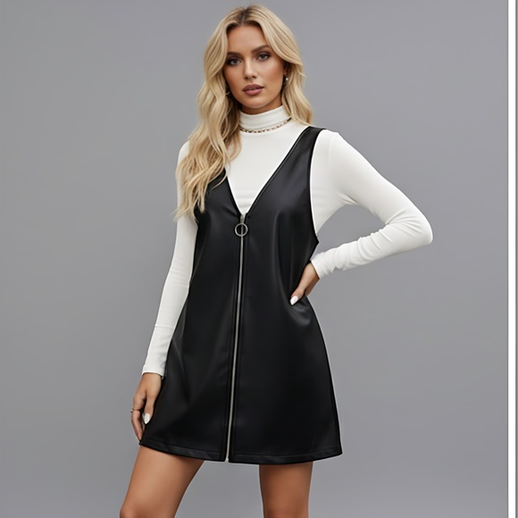 Vegan Leather Zip Up Overall Dress - Picture 1 of 5
